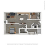 The Allure Stamford (A11) 3D Furnished floorplan - showing one bedroom and one bath. Stamford, CT