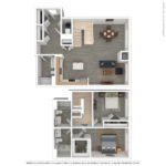 The Allure Stamford (TH1) 3D Furnished floorplan - showing two bedrooms and two baths, Stamford, CT