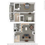 The Allure Stamford (TH3) 3D Furnished floorplan - showing two bedrooms and three baths, Stamford, CT