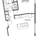 One Glover Norwalk Floorplans (A4) Showing one bedroom and one bathroom, Norwalk, CT