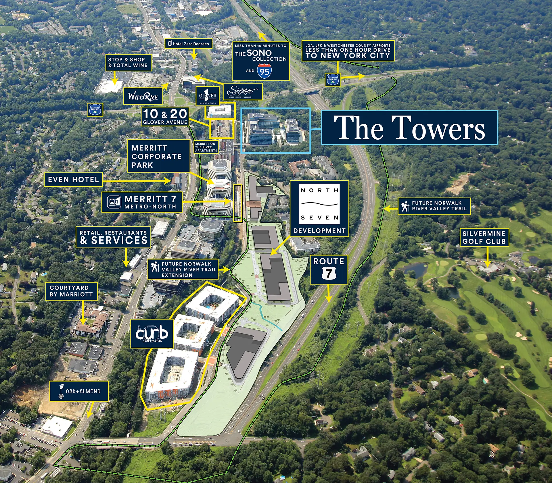 Aerial map of The Towers in North Seven with area amenities highlighted