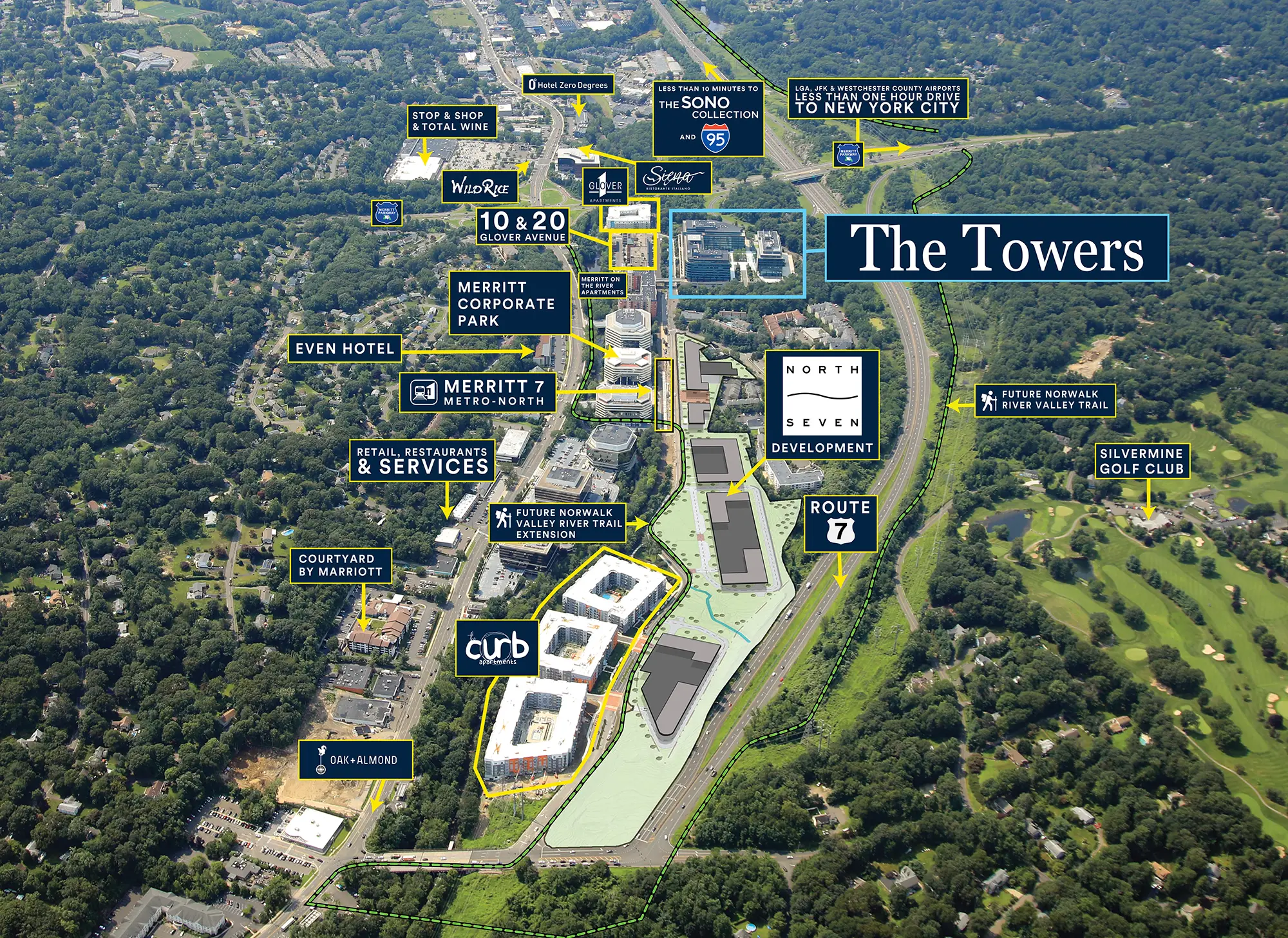 Aerial map of The Towers in North Seven with area amenities highlighted