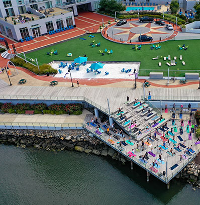 Harbor Point - Stamford, CT - Yoga on the water, aerial view