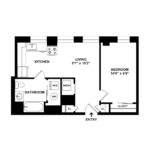 The Beacon Jersey Hague (A1) Floorplans - Showing one bedroom and one bath, Jersey City, NJ