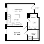 The Beacon Jersey Orpheum (A8) Floorplans - Showing one bedroom and one bath, Jersey City, NJ