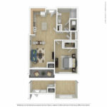 Escape Harbor Point ESC-A10 furnished floorplan diagram showing one bedroom and one bath, Stamford, CT