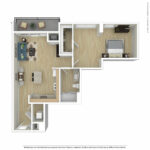 Escape Harbor Point ESC-A3 furnished floorplan diagram showing one bedroom and one bath, Stamford, CT