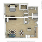 Escape Harbor Point ESC-A16 furnished floorplan diagram showing one bedroom and one bath, Stamford, CT