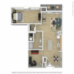 Escape Harbor Point ESC-A18 furnished floorplan diagram showing one bedrooms and one baths, Stamford, CT