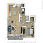 Escape Harbor Point ESC-A8 furnished floorplan diagram showing one bedroom and one bath, Stamford, CT