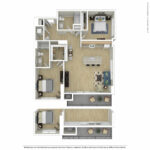 Escape Harbor Point ESC-B1 furnished floorplan diagram showing two bedrooms and two baths, Stamford, CT