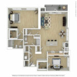 Escape Harbor Point ESC-B12 furnished floorplan diagram showing two bedrooms and two baths, Stamford, CT