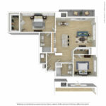 Escape Harbor Point ESC-B8 furnished floorplan diagram showing two bedrooms and two baths, Stamford, CT