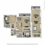 Escape Harbor Point ESC-B9 furnished floorplan diagram showing three bedrooms and two baths, Stamford, CT