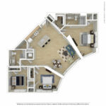 Escape Harbor Point ESC-C1 furnished floorplan diagram showing three bedrooms and two baths, Stamford, CT