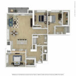 Escape Harbor Point ESC-C2 furnished floorplan diagram showing three bedrooms and two baths, Stamford, CT