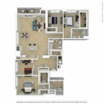 Escape Harbor Point ESC-C4 furnished floorplan diagram showing three bedrooms and three baths, Stamford, CT