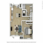 Escape Harbor Point ESC-E1 furnished floorplan diagram showing one bedroom and one bath, Stamford, CT